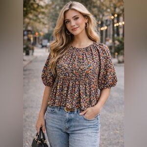 Old Navy Floral colorful Puff Sleeve Top size small 100% cotton